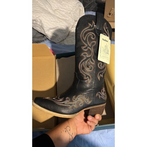 🆕Women Black Synthetic Leathers Cowgirl Chunky Heel Snip Toe Mid-Calf Boots - Picture 3 of 10